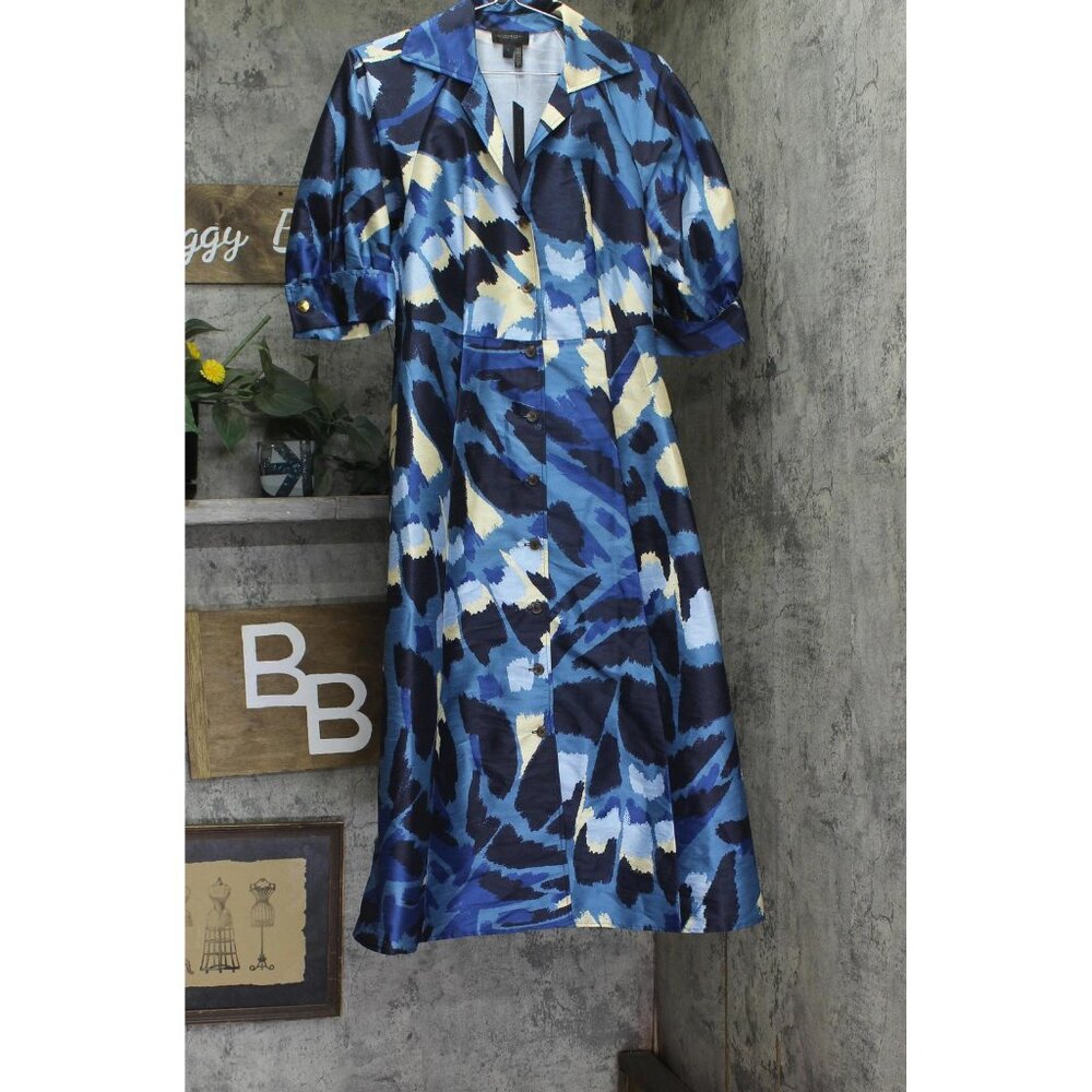 NEW Donna Karan Printed Button Down Midi Shirt Dress Horizon Blue / Multi 6